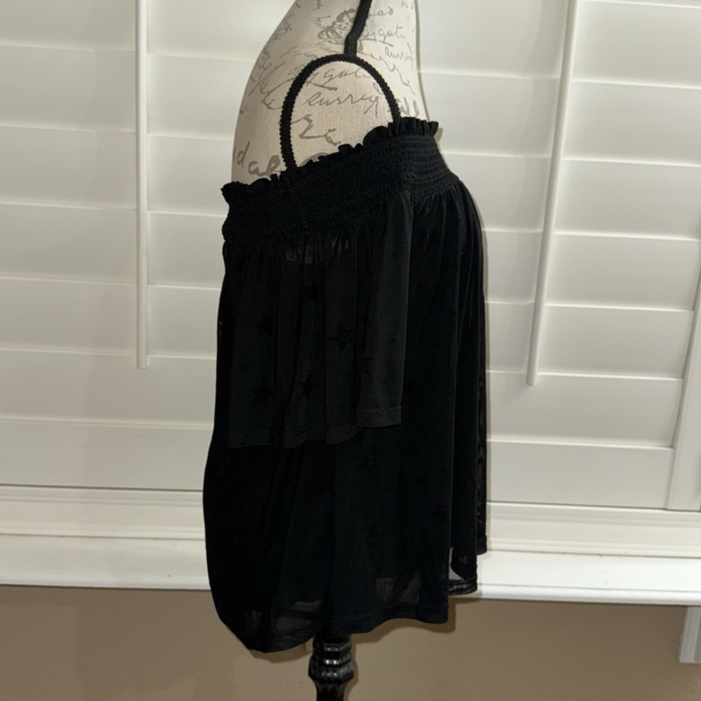 Maeve Anthropologie Sheer Star Off Shoulder Black Top - Picture 3 of 10